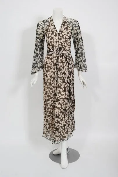 1975 Halston Couture Black & Ivory Clover Print Silk Bell-Sleeve Belted Jumpsuit