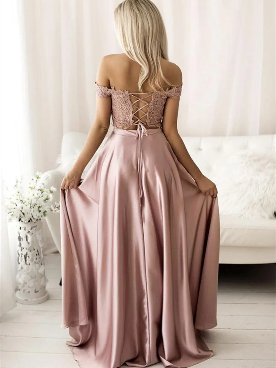 2 Pieces Off Shoulder Pink Lace Long Prom Dresses, Two Pieces Pink Lace Formal Dresses, Pink Lace Evening Dresses