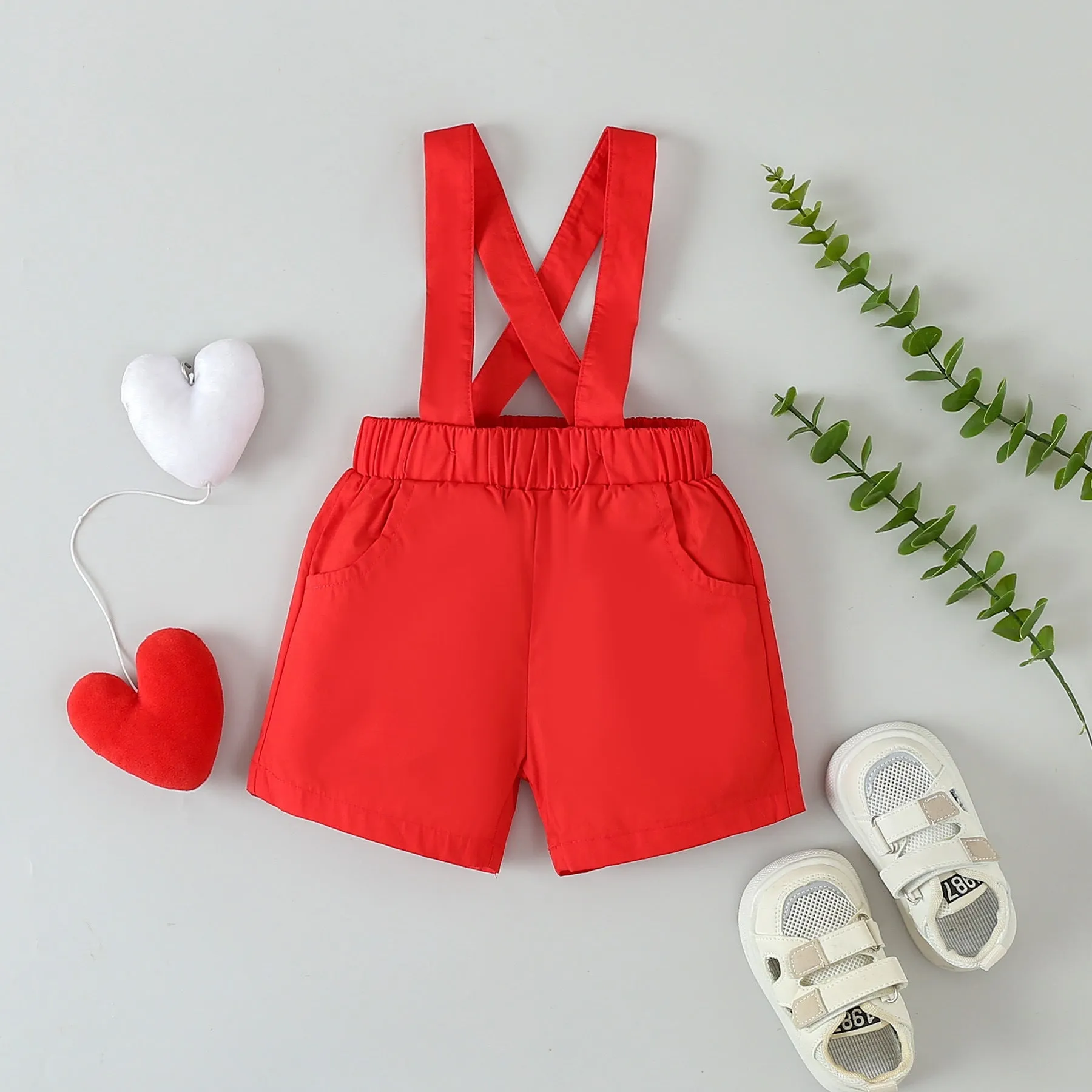 2 Pieces Set Baby Boys Love heart Rompers And Solid Color Shorts Wholesale 24030178