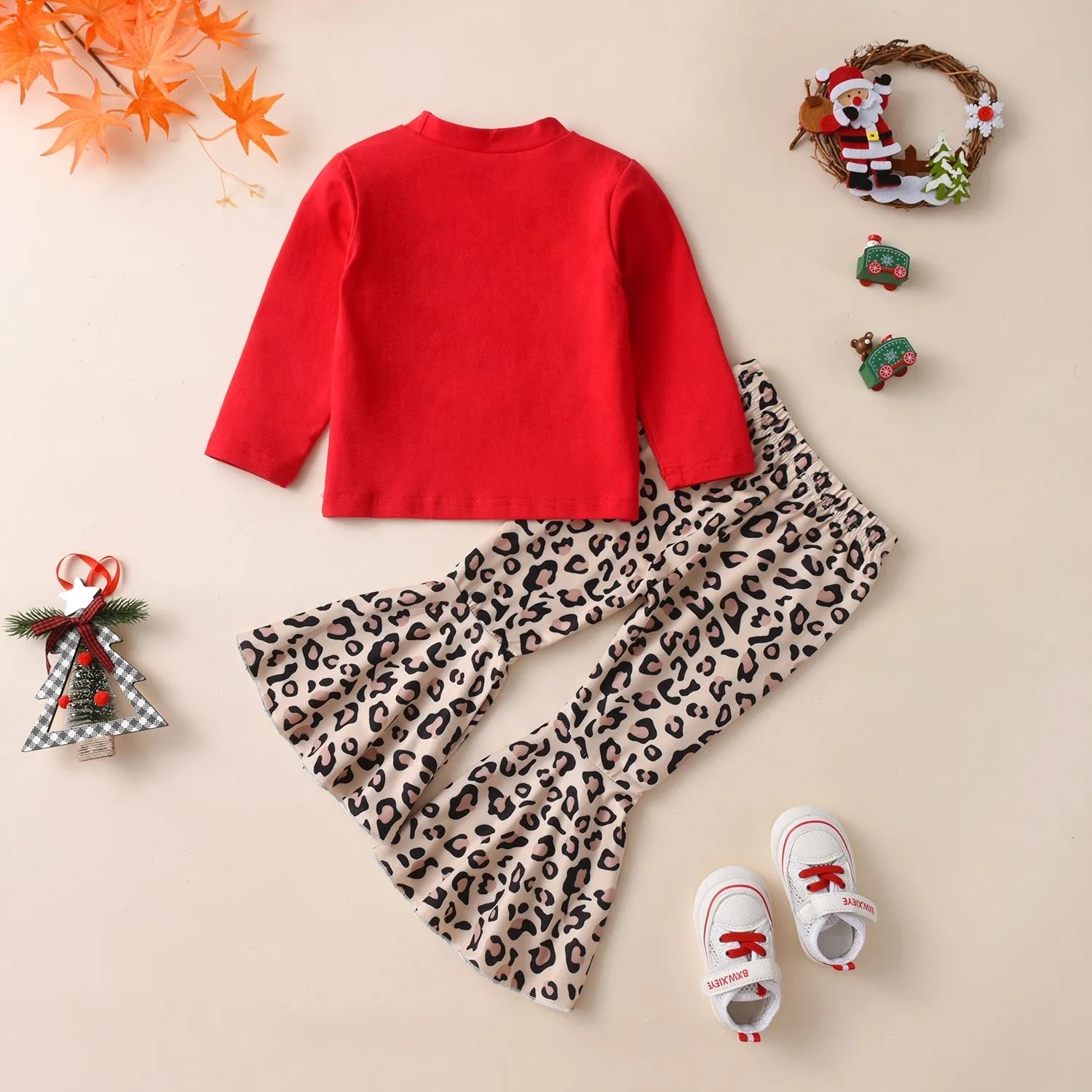 2 Pieces Set Baby Kid Girls Christmas Letters Print Tops And Leopard Pants Wholesale 23101546