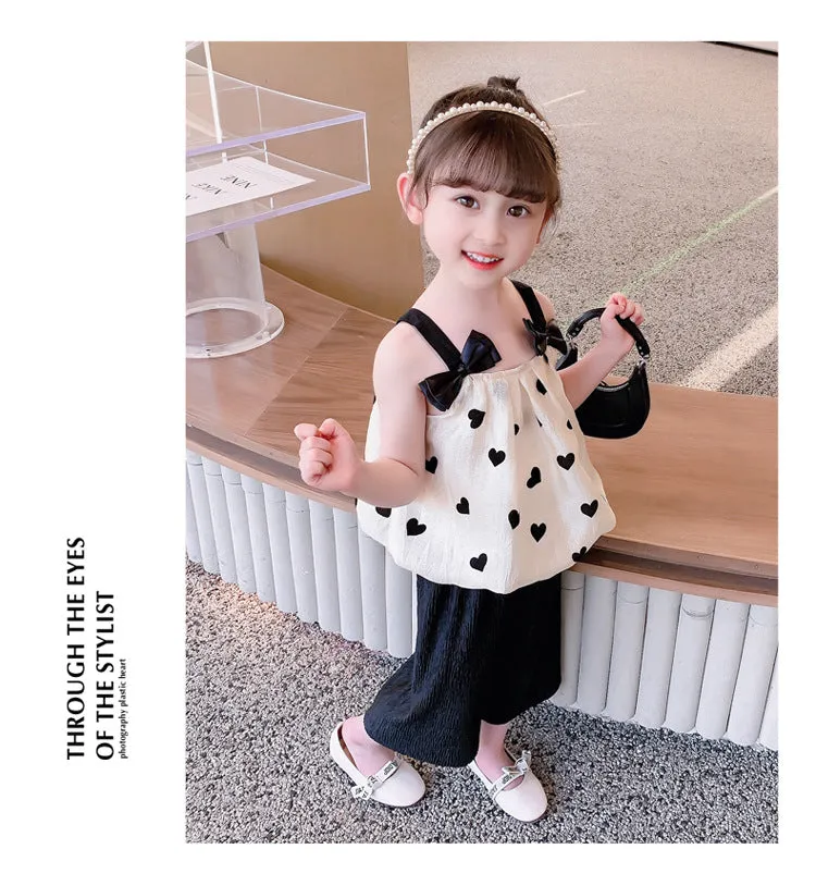 2 Pieces Set Baby Kid Girls Color-blocking Love heart Print Tank Tops And Solid Color Pants