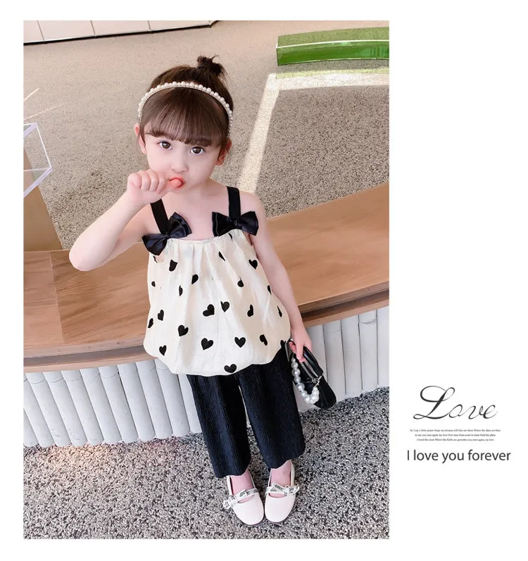 2 Pieces Set Baby Kid Girls Color-blocking Love heart Print Tank Tops And Solid Color Pants