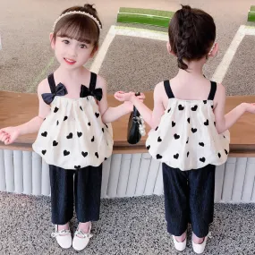 2 Pieces Set Baby Kid Girls Color-blocking Love heart Print Tank Tops And Solid Color Pants