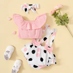 3 Pieces Set Baby Girls Solid Color Tops Polka dots Rompers And Bow Headwear