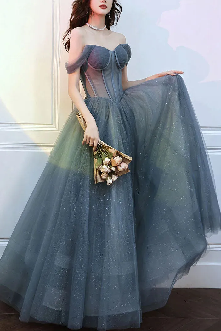 A Line Off the Shoulder Tulle Prom Dress