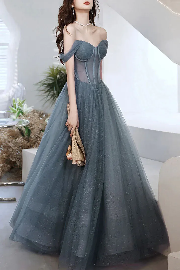 A Line Off the Shoulder Tulle Prom Dress