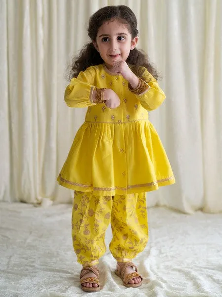 Baby Girl Chanderi Angrakha Suit Set Embroidered- Yellow