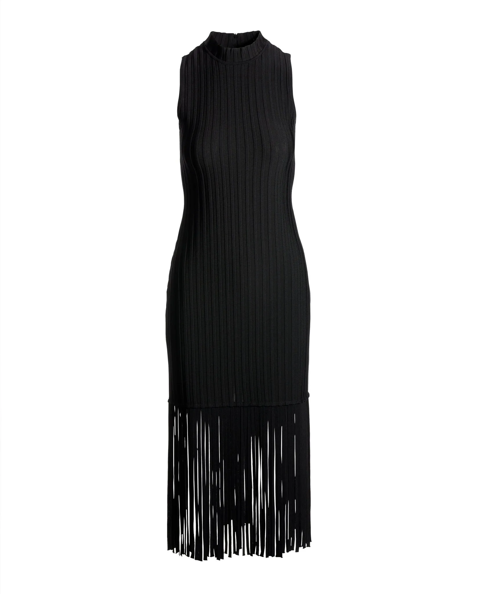 Bandage Knit Mock neck Fringe Midi Dress Black