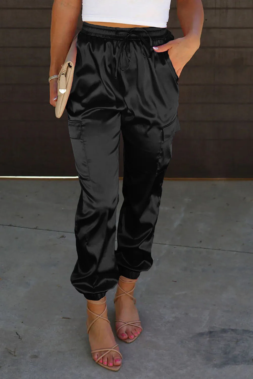 Black Satin Pocketed Drawstring Elastic Waist Pants