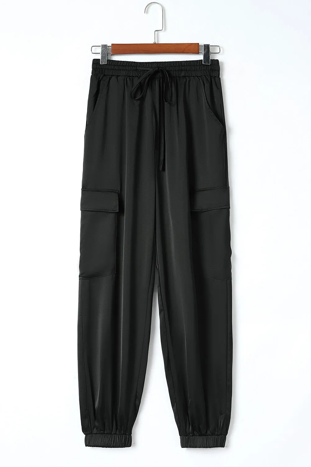 Black Satin Pocketed Drawstring Elastic Waist Pants