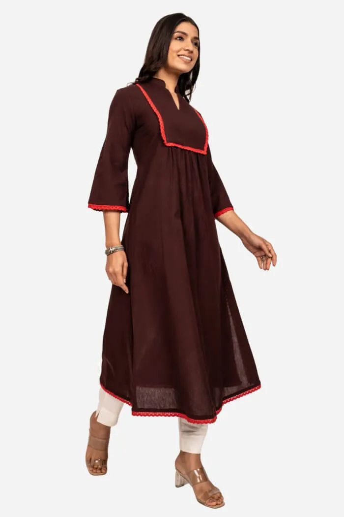 Chocolate Brown Cotton Flax A-Line Kurta