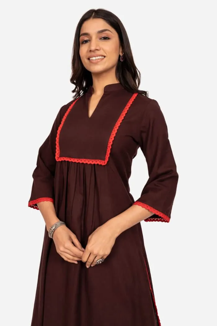 Chocolate Brown Cotton Flax A-Line Kurta