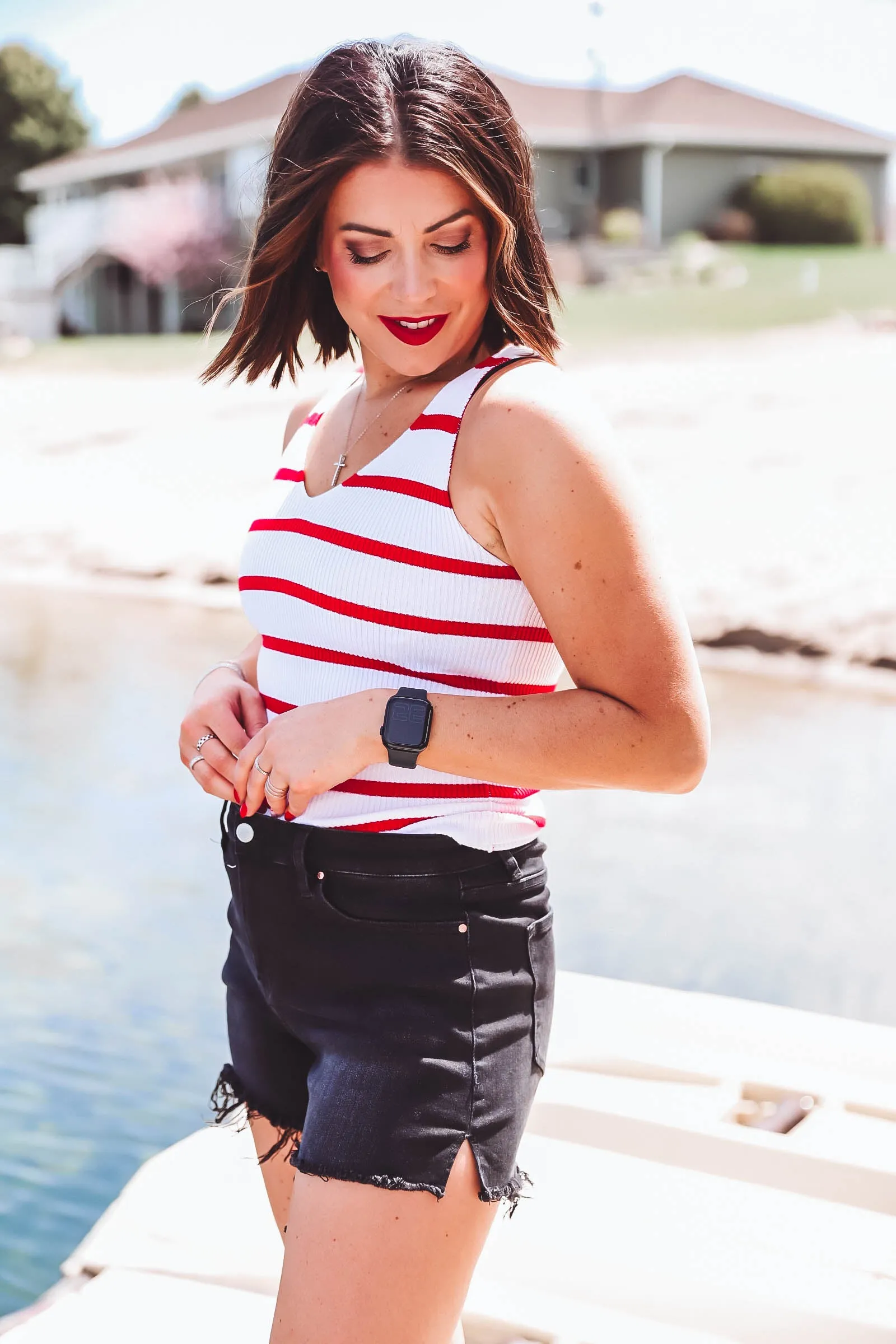 Corie Striped Knit Tank-Ivory/Red