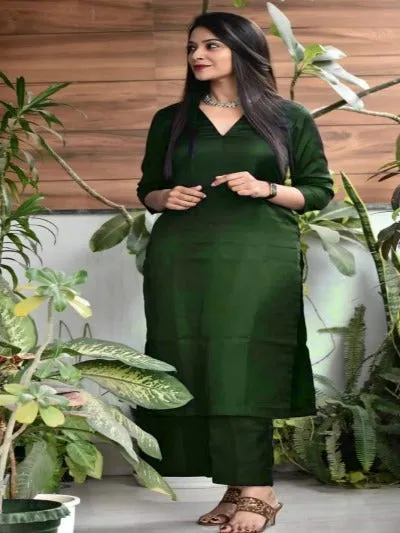 Dark Green Cotton Kurti With Pant Set