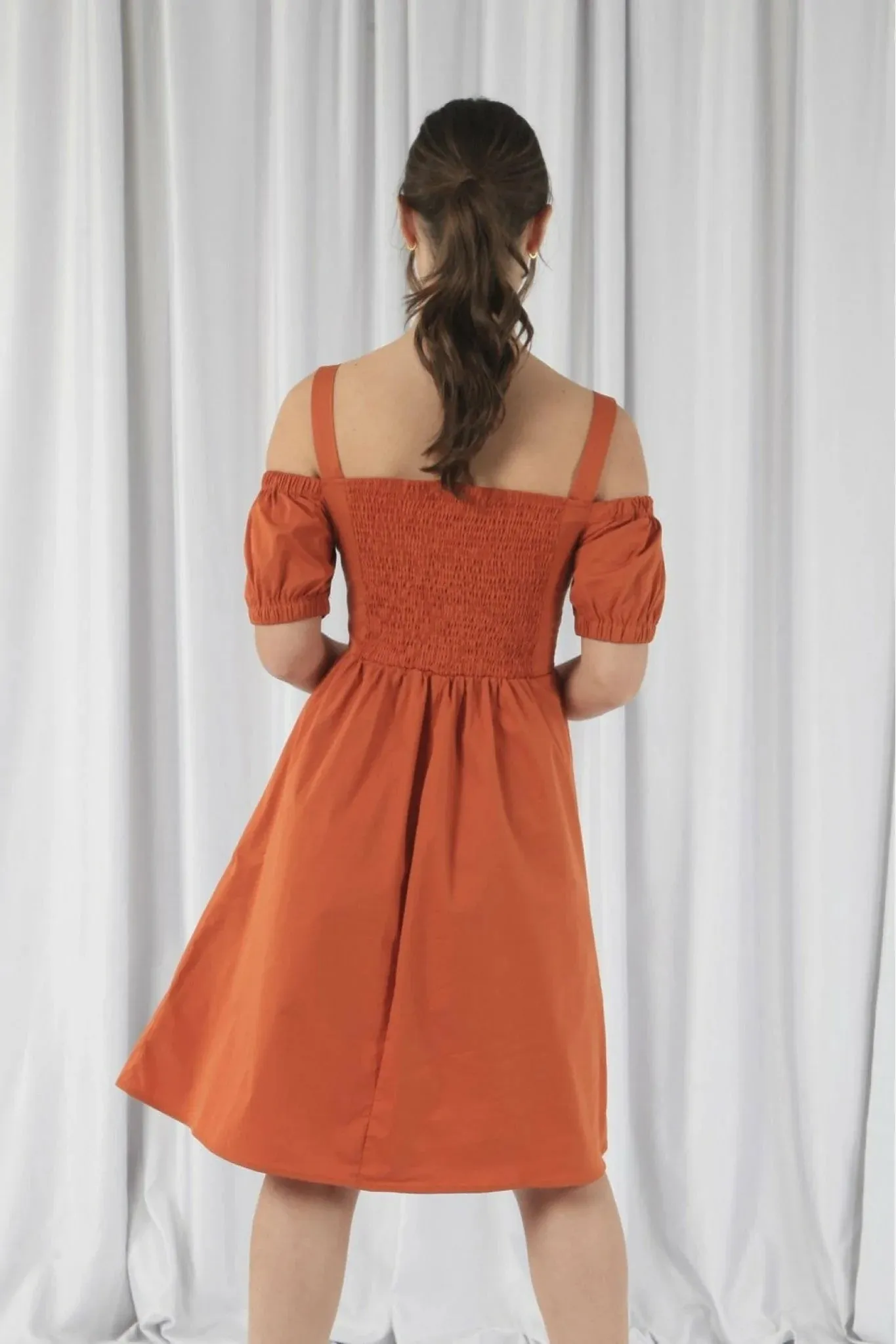 Double Second Orange Bardot Ruched Dress