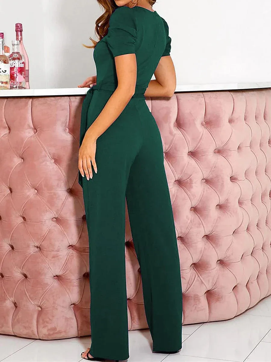 Elegant Lace-Up Jumpsuit with Beaded V-Neck-Sleeve for Women