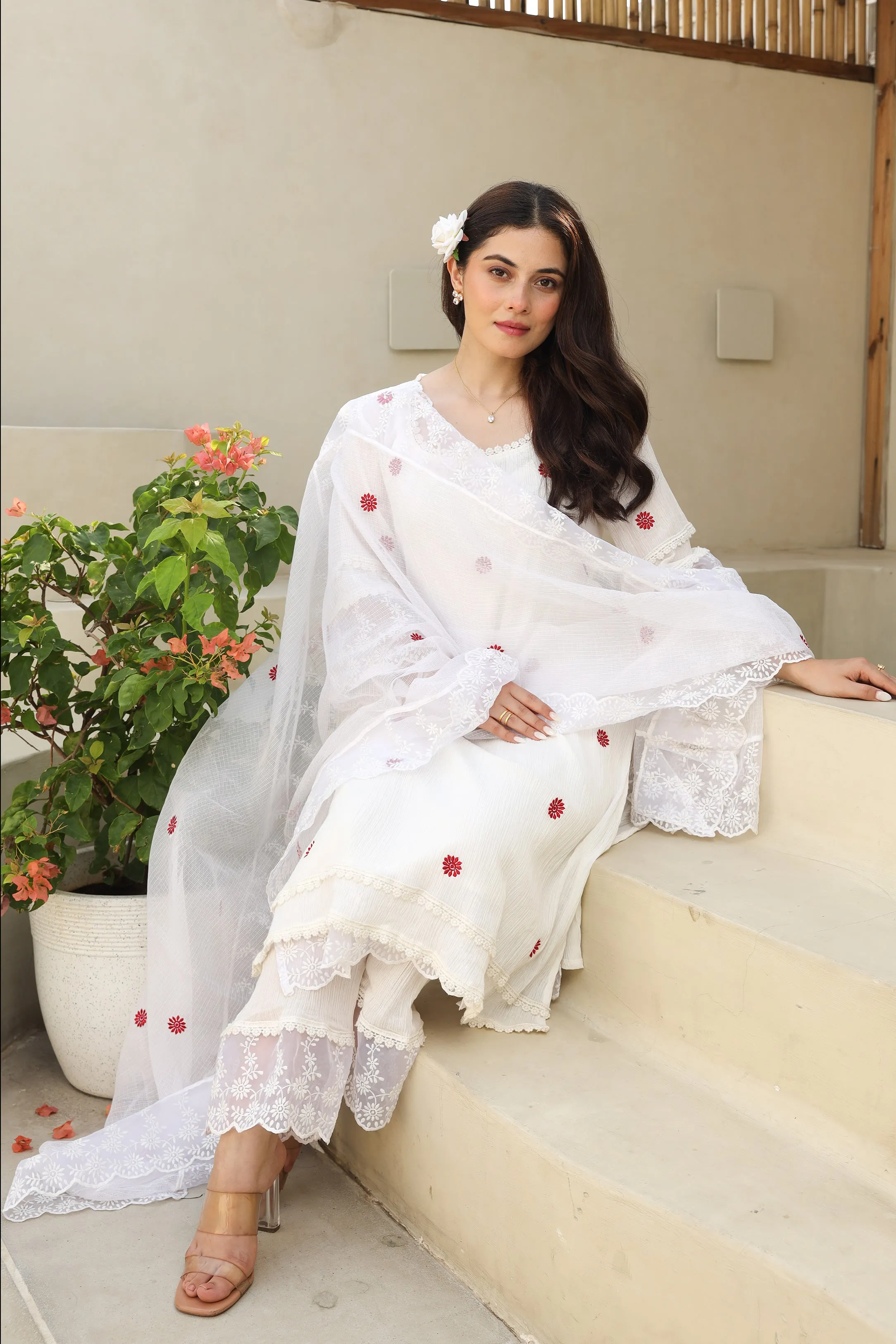 Floral Elegance White Cotton Gauze Kurta Set with Kota Doriya Dupatta