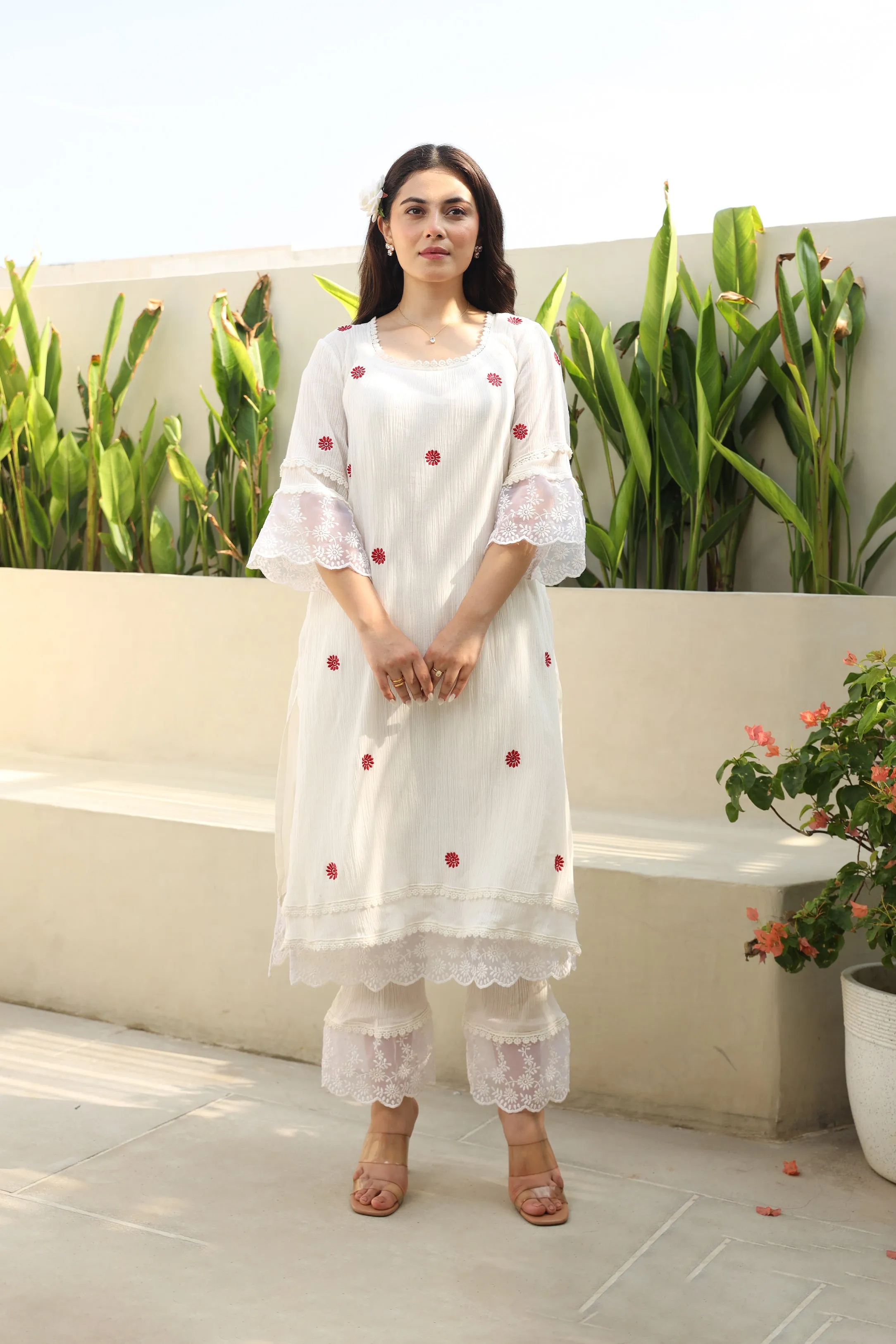 Floral Elegance White Cotton Gauze Kurta Set with Kota Doriya Dupatta