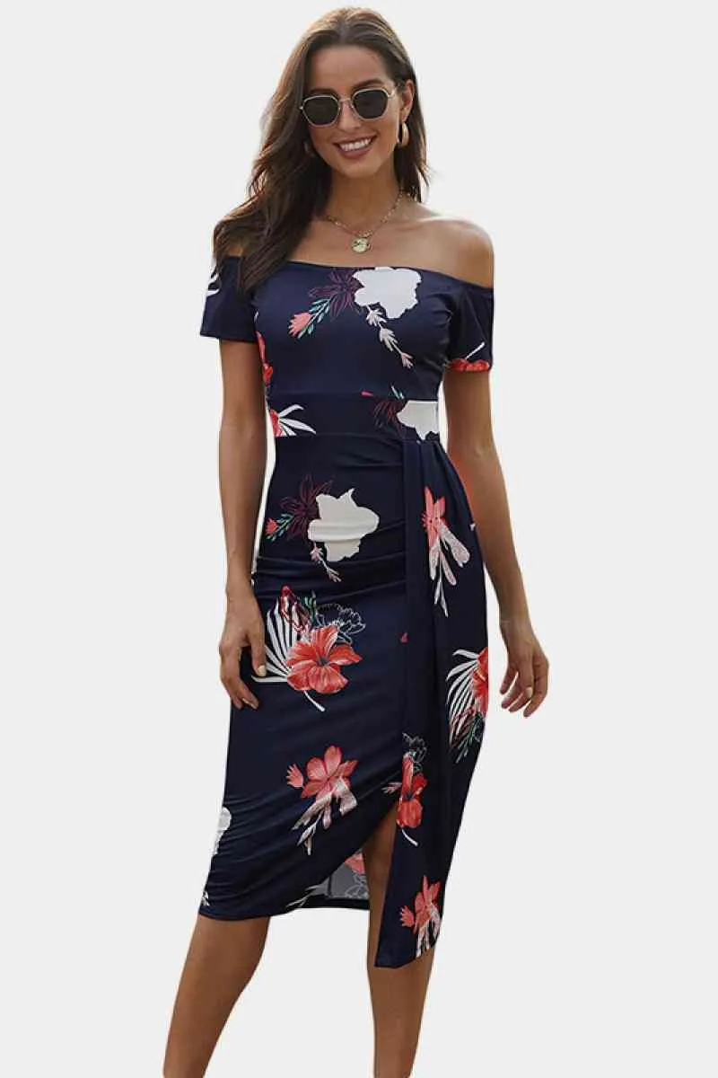 Floral Off Shoulder Slit Wrap Dress