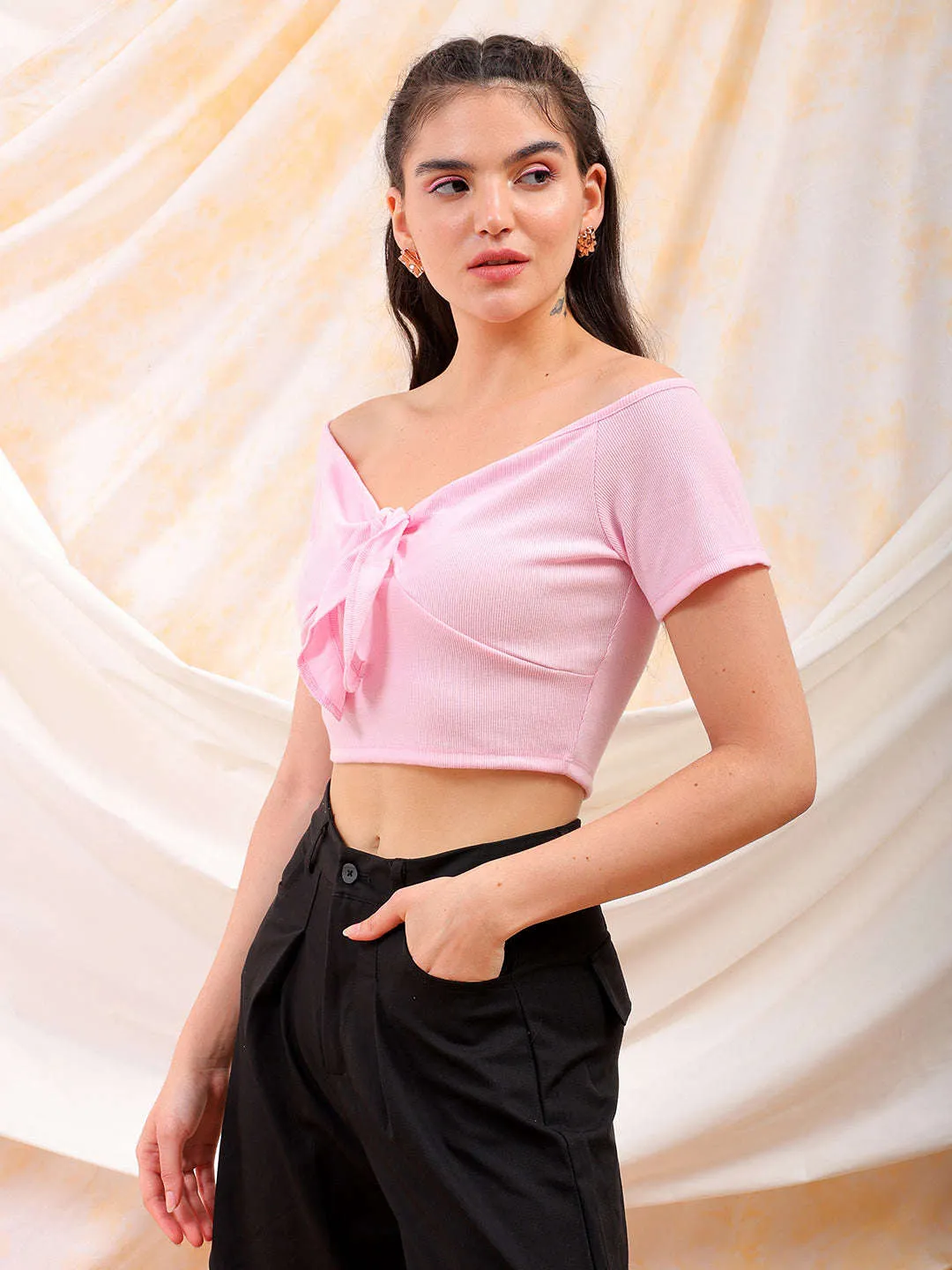 Freehand Women Pink Fitted Solid Sweetheart Neck Off Shoulder Top