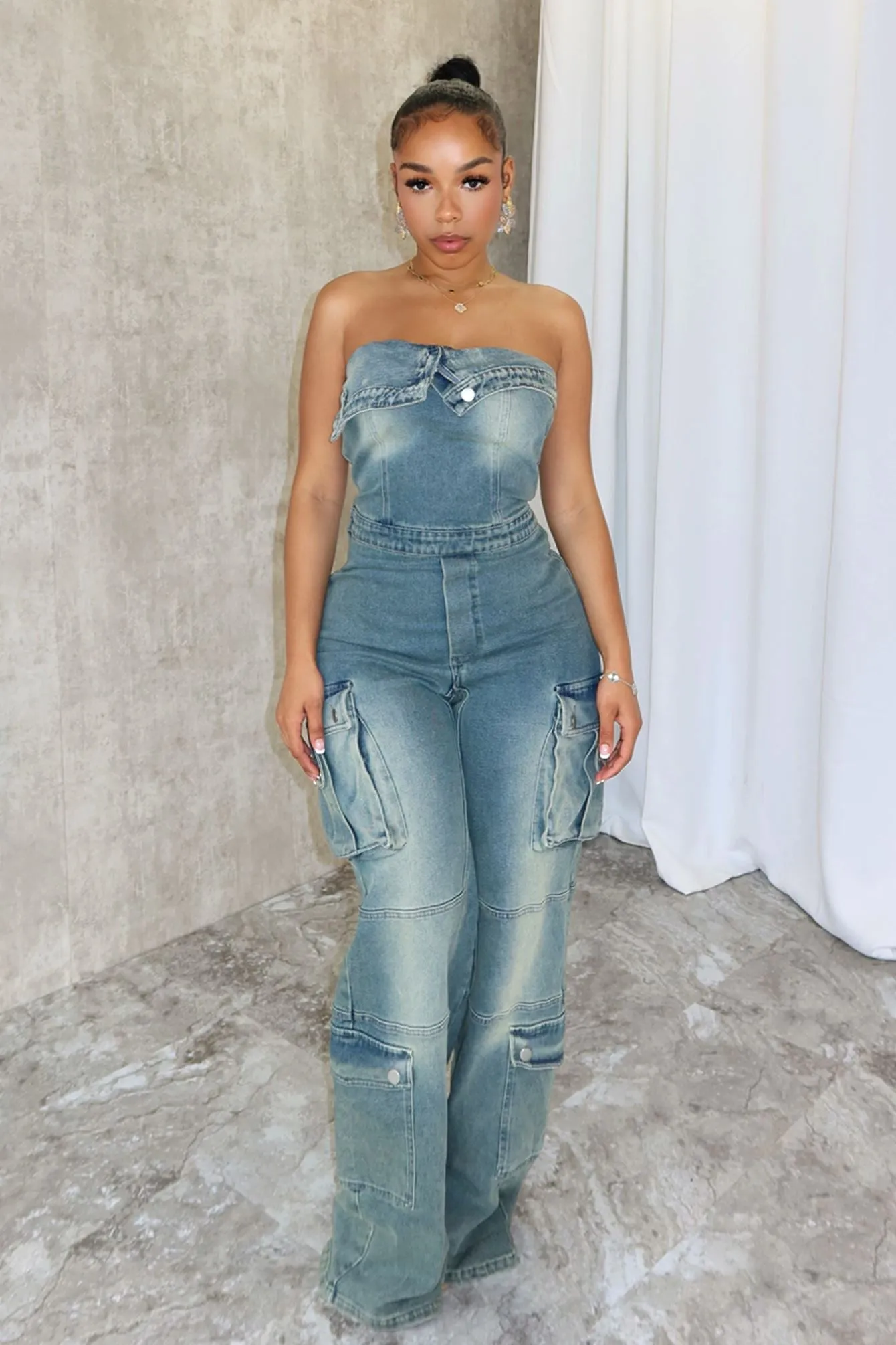 Get The Message Denim Strapless Jumpsuit