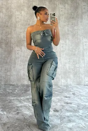 Get The Message Denim Strapless Jumpsuit