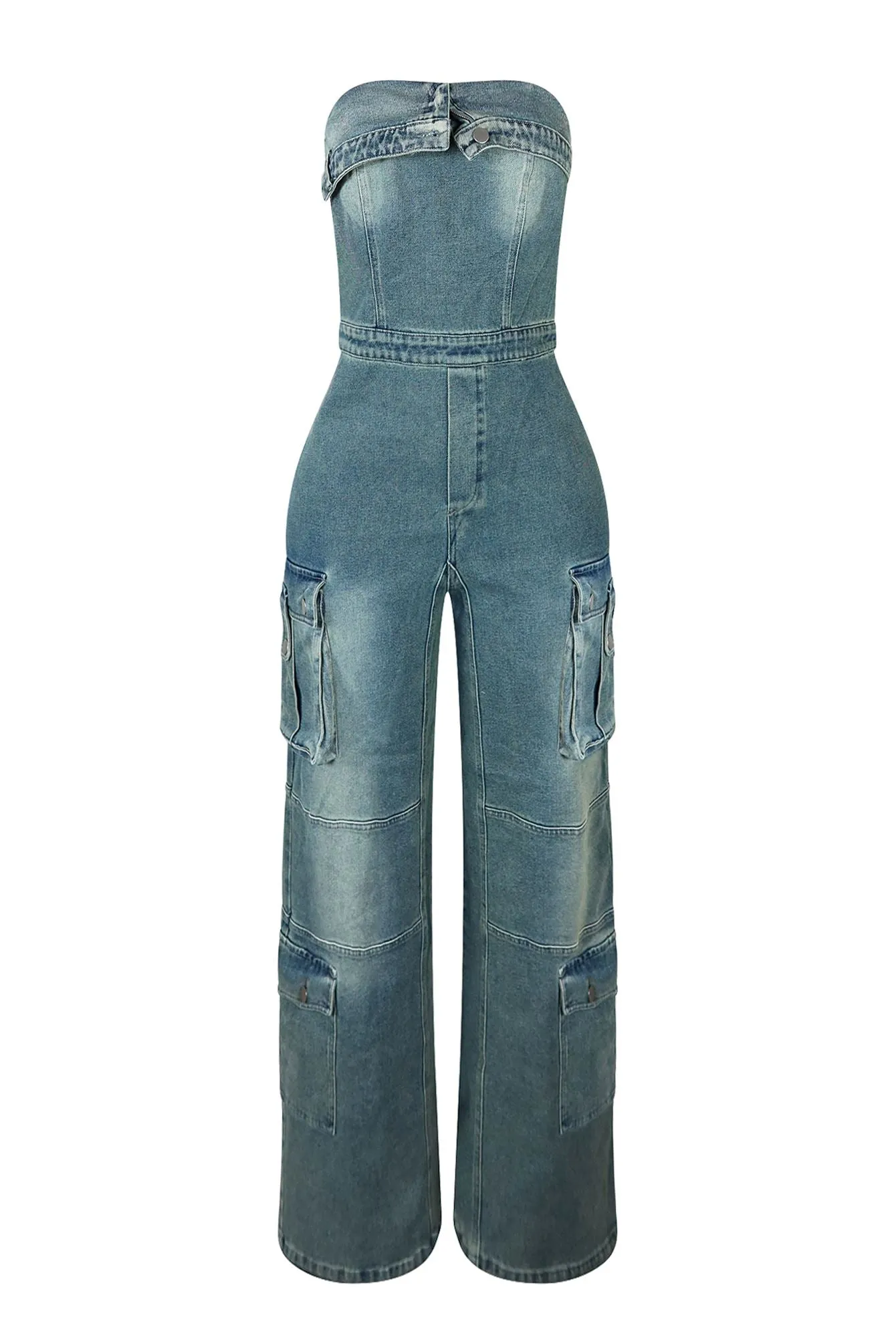 Get The Message Denim Strapless Jumpsuit