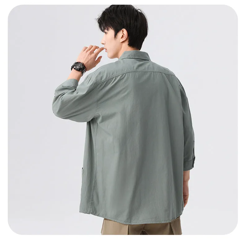 Green korean-style relaxed shirt with three-fourth sleeve