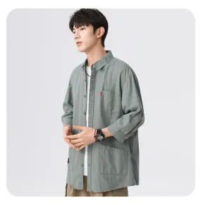 Green korean-style relaxed shirt with three-fourth sleeve