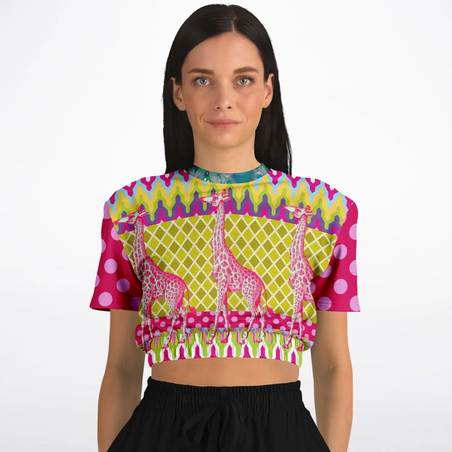 Hello Janis! Pink Geo Giraffe Print Short Sleeve Cropped Sweater