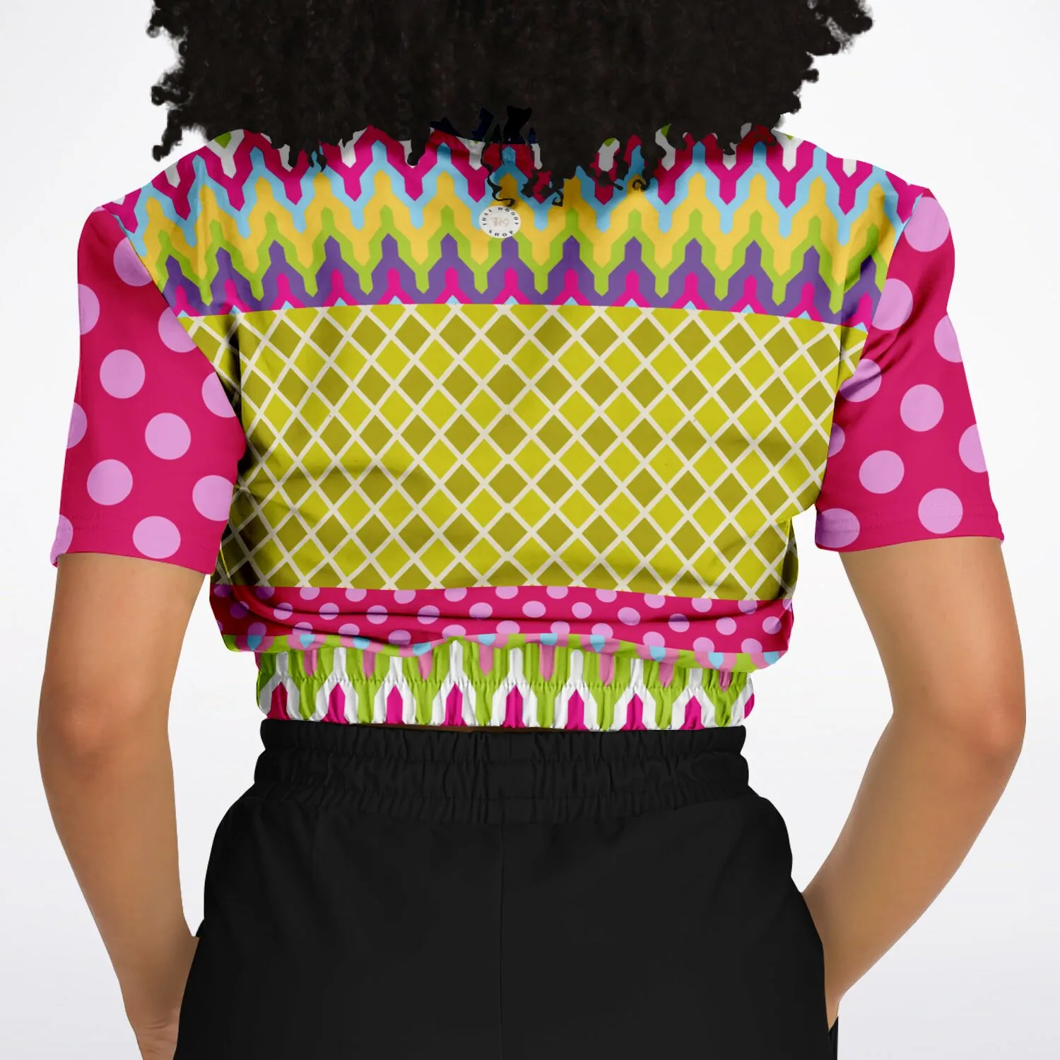 Hello Janis! Pink Geo Giraffe Print Short Sleeve Cropped Sweater