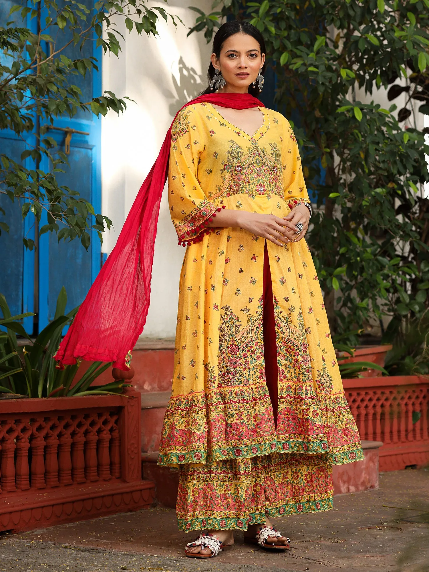 Juniper Mustard Cotton Floral Printed Anarkali Kurta With Pants And Dupatta Set With Sequins & Beadwork