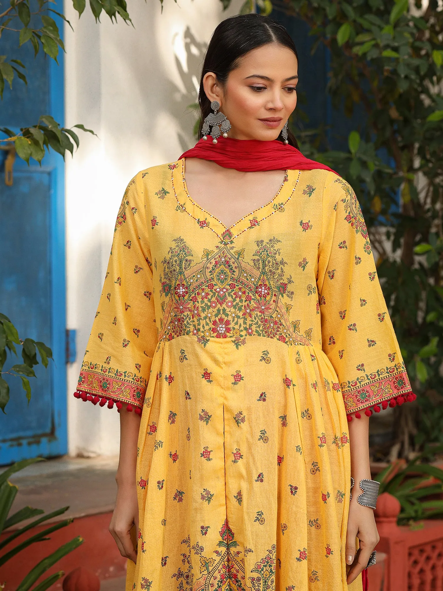 Juniper Mustard Cotton Floral Printed Anarkali Kurta With Pants And Dupatta Set With Sequins & Beadwork