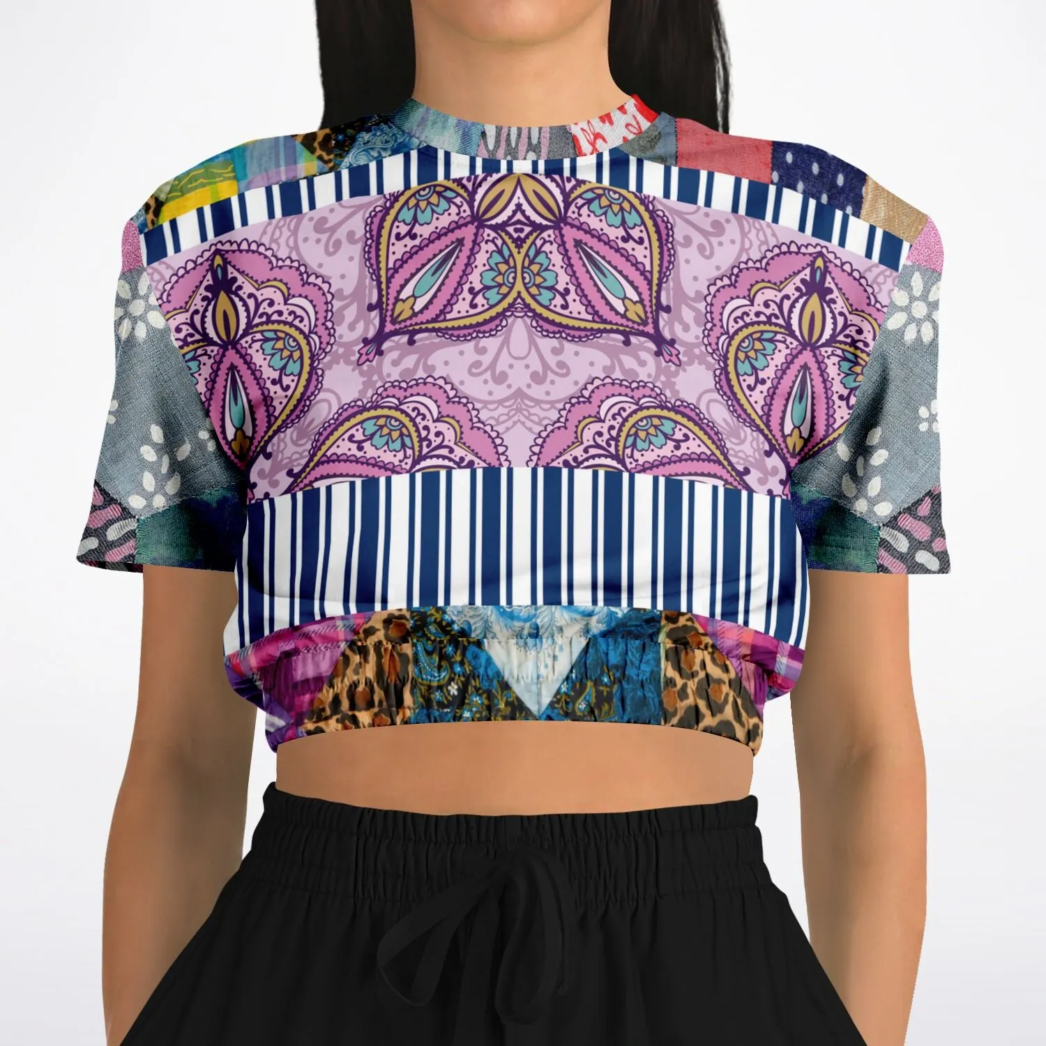 Juxtapose Patchwork Quilt Short Sleeve Cropped Eco-Poly Sweater