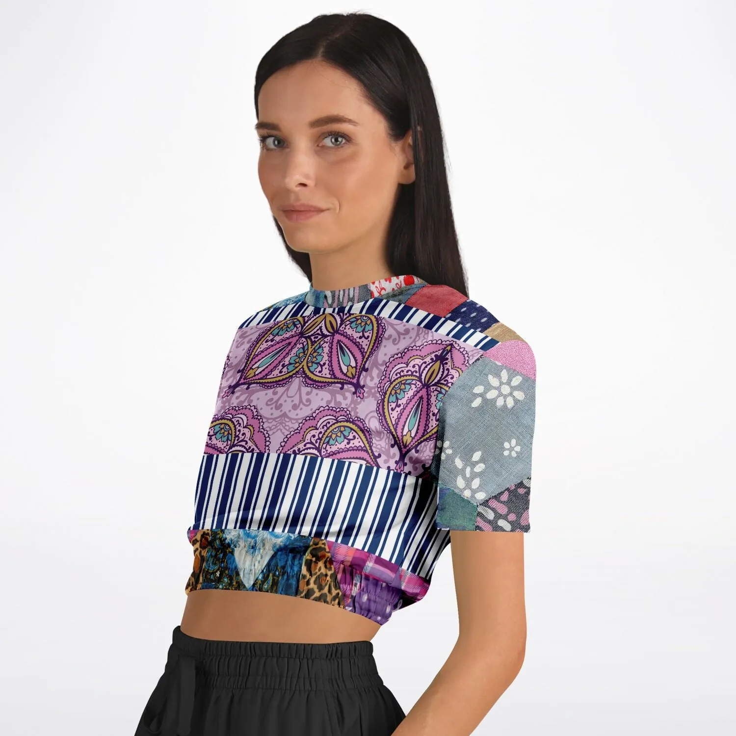 Juxtapose Patchwork Quilt Short Sleeve Cropped Eco-Poly Sweater