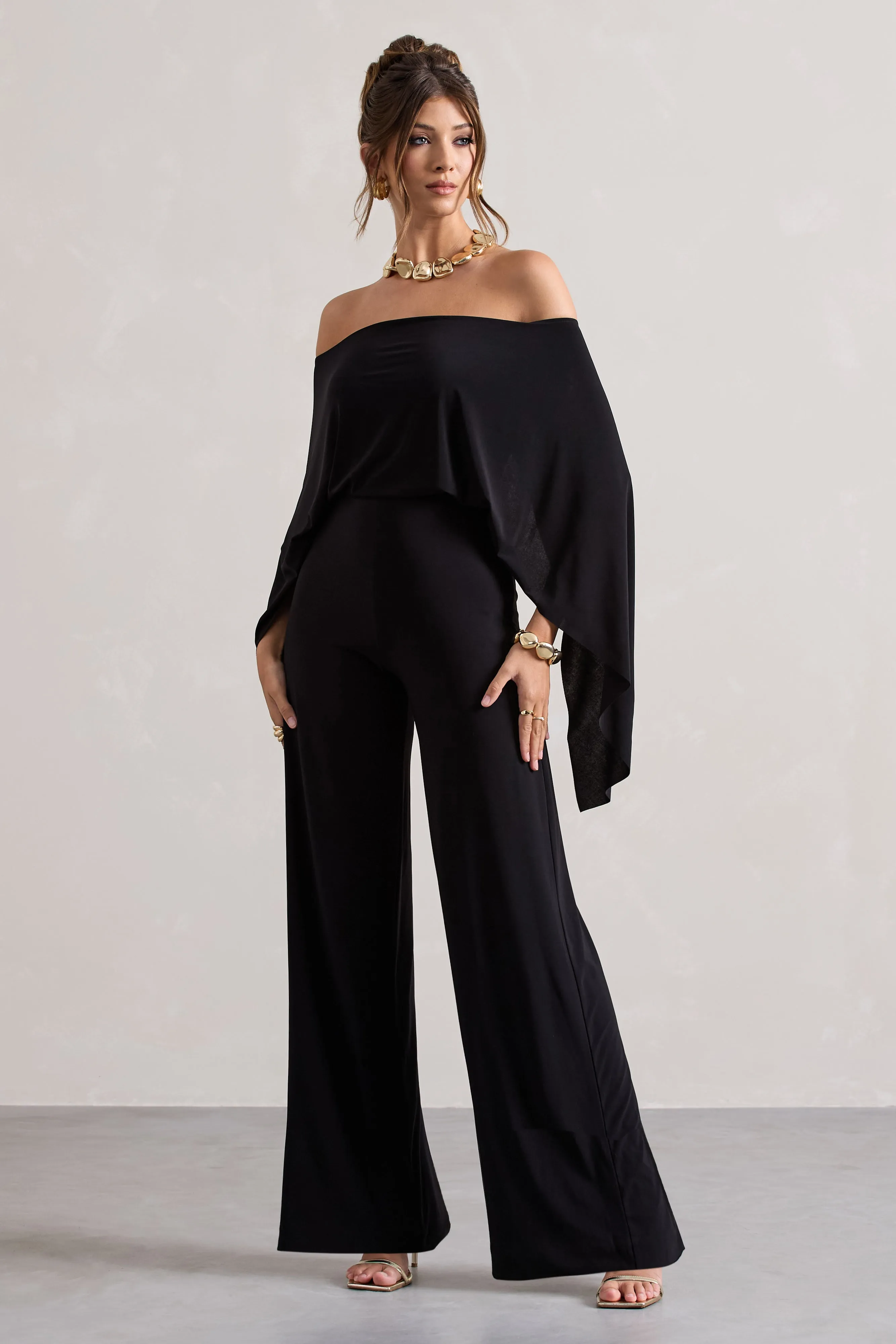 Kori | Black Bardot Straight-Leg Jumpsuit With Cape