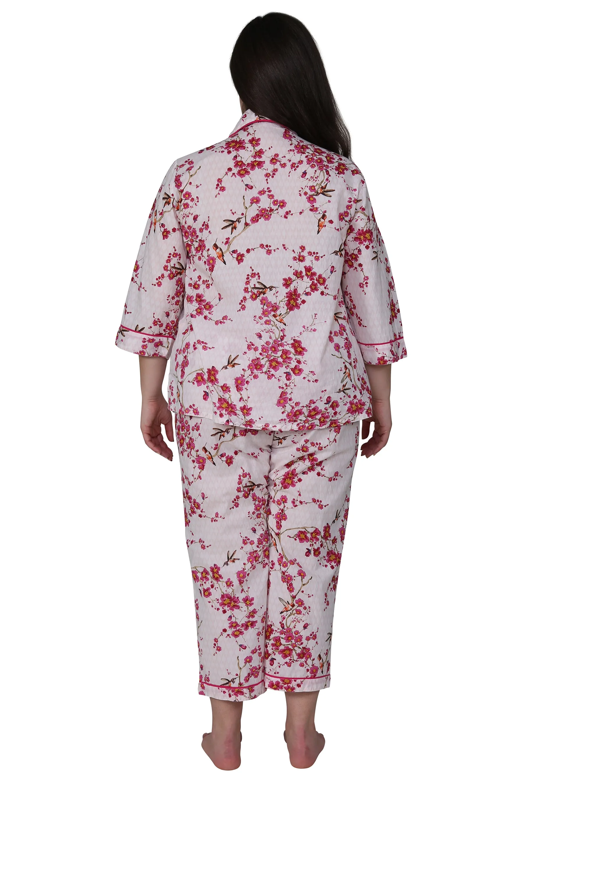 La Cera Cherry Blossom 3/4 Sleeve Cotton Pajama Set  - Plus Size