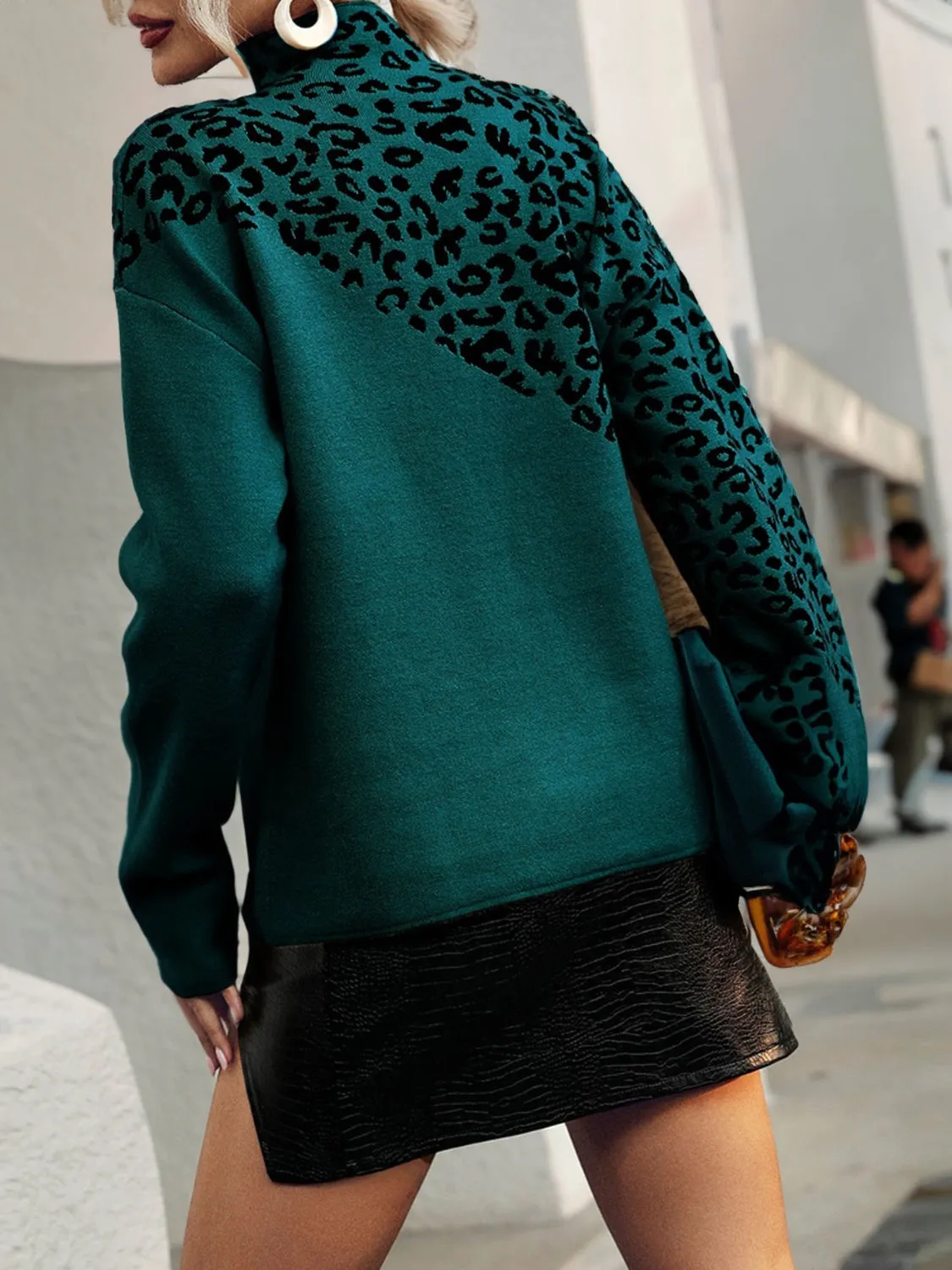 Leopard Mock Neck Dropped Shoulder Sweater