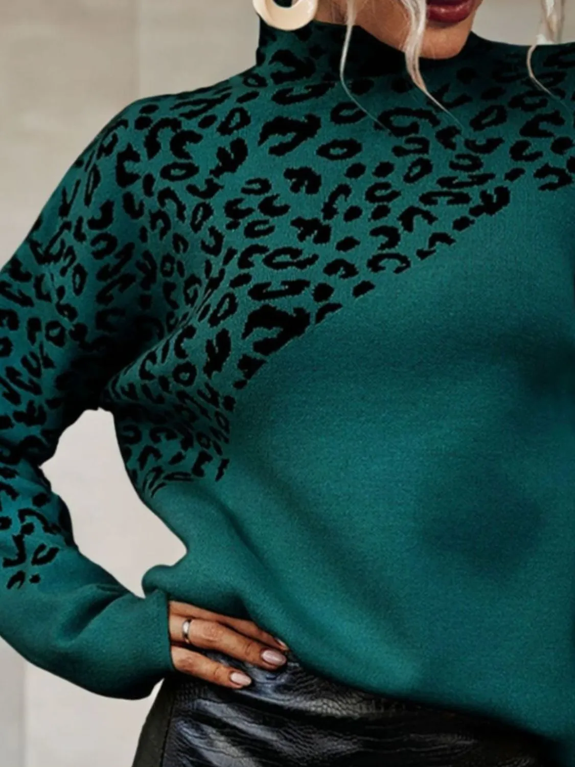 Leopard Mock Neck Dropped Shoulder Sweater