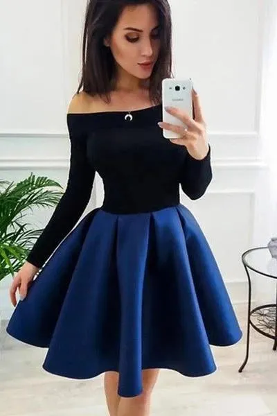 Long Sleeve Off the Shoulder Satin Royal Blue Homecoming Dresses Short Prom Dresses