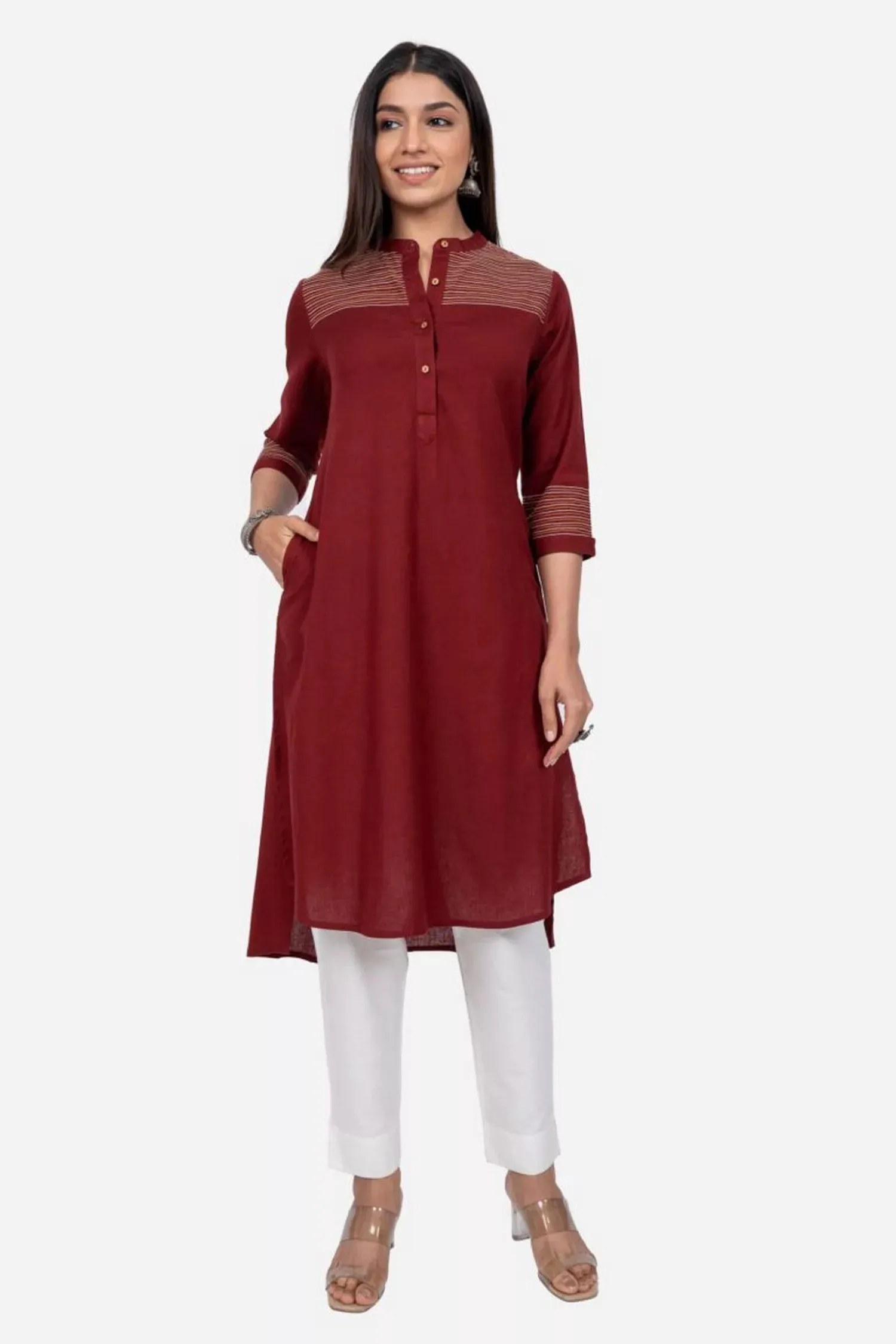 Maroon High Low Straight Fit Cotton Kurta