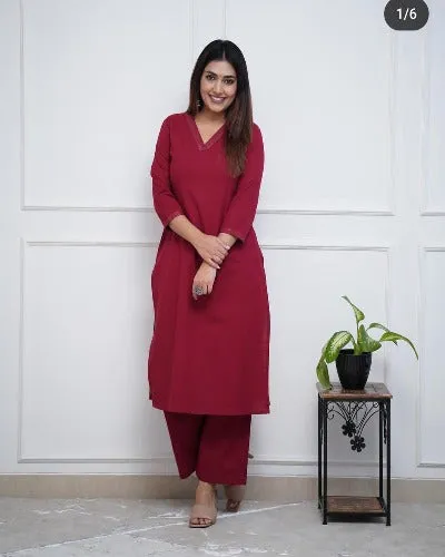 Maroon Monochrome Cotton Kurti Palazzo Set Of 2