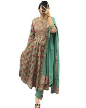 Pink & Green Cotton Printed Anarkali Suit Set