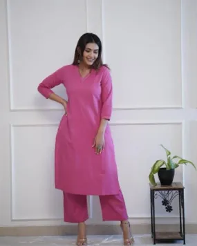 Pink Monochrome Cotton Kurti Palazzo Set Of 2