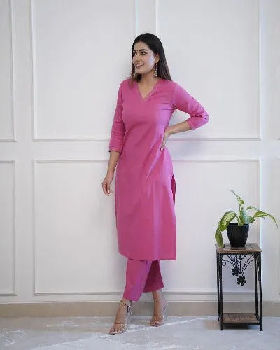 Pink Monochrome Cotton Kurti Palazzo Set Of 2