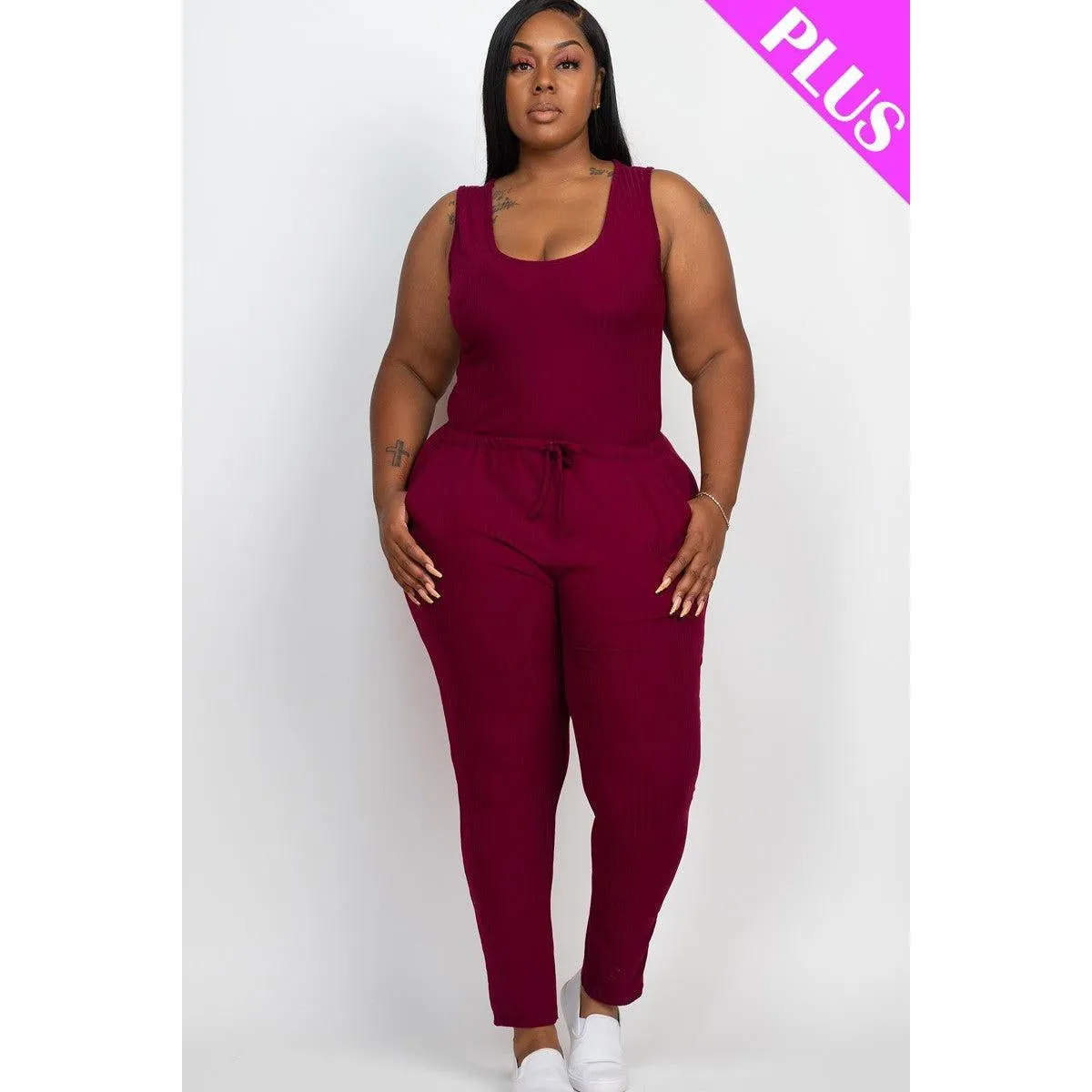 Plus Ribbed Sleeveless Drawstring Jumpsuit