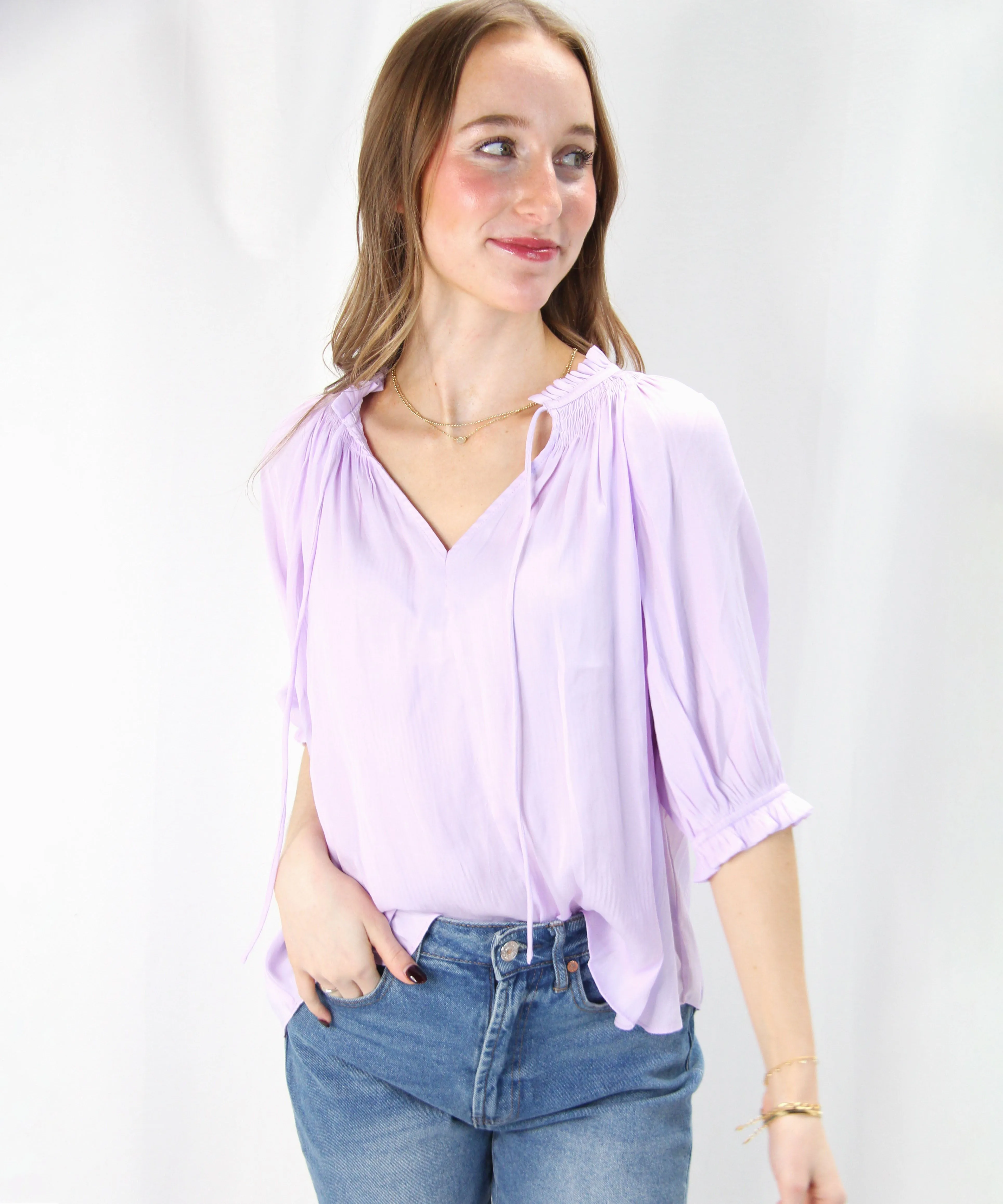 Short Sleeve Tie Front Top - Light Lavender