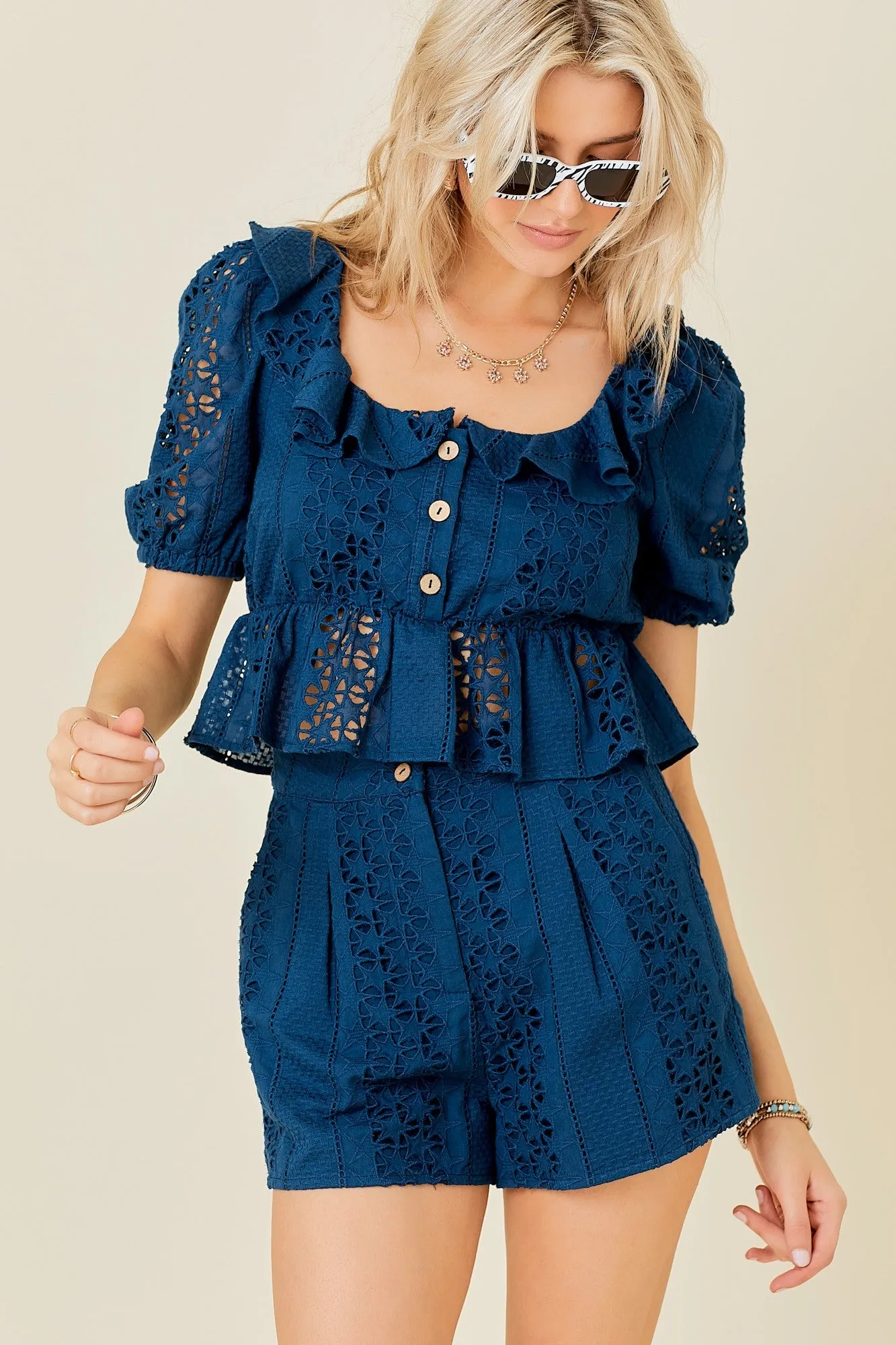 Star Cotton Eyelet Puff Sleeve Babydoll Top