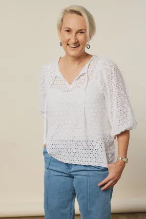 Sylvie Billow Sleeve Top (White Broderie)