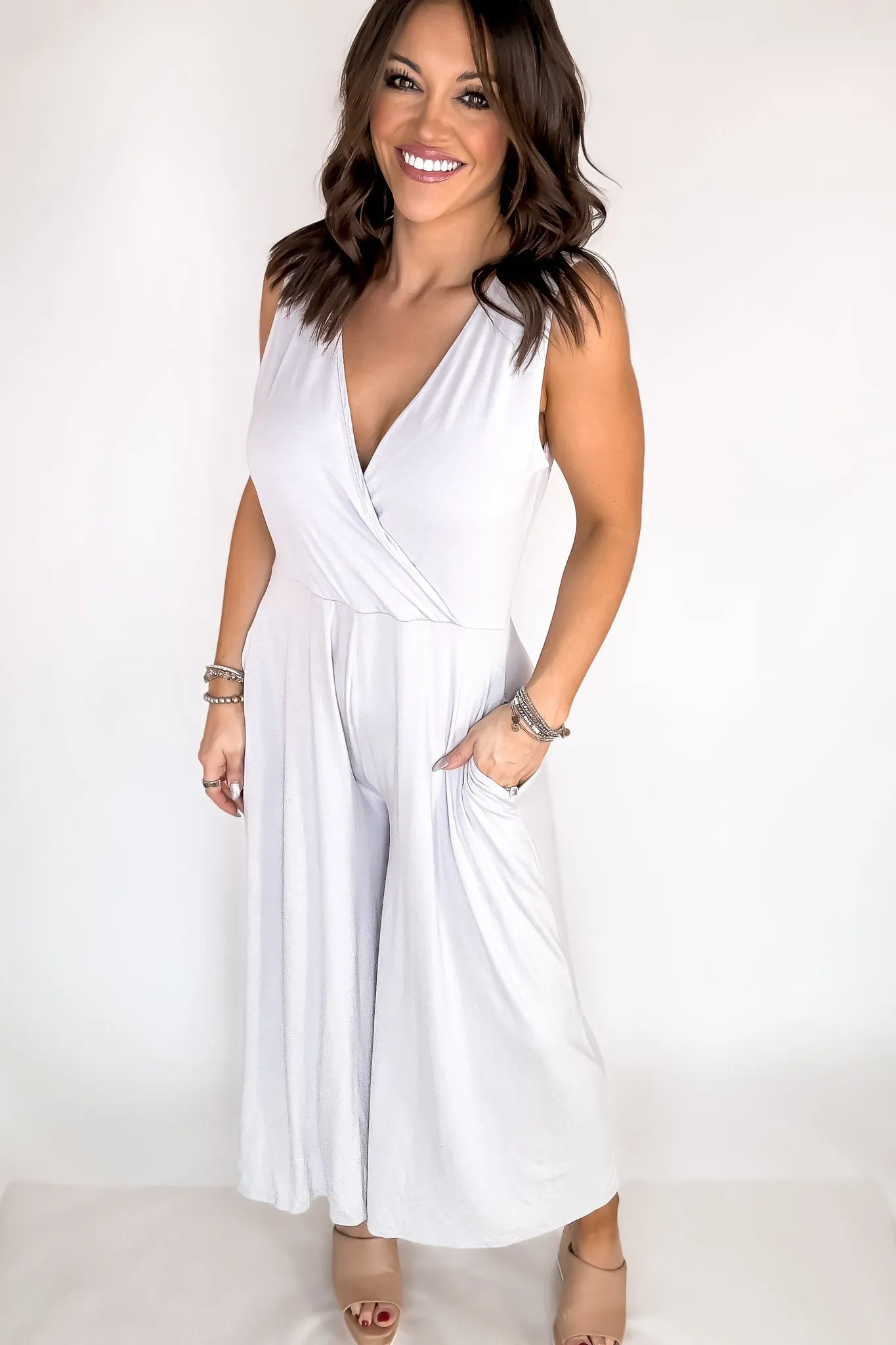 Take A Chance Light Gray Surplice Neckline Sleeveless Jumpsuit